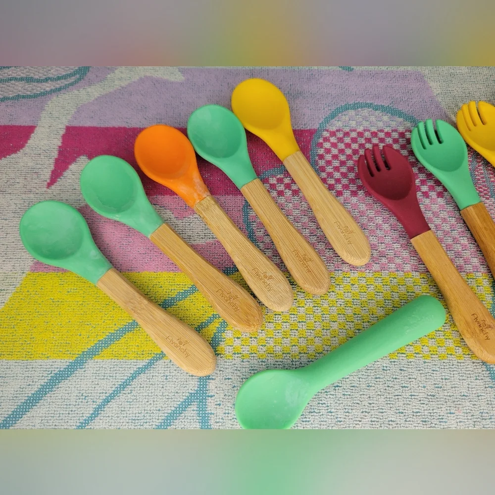 11pc Silverware Colorful Bamboo Handle Silicone Baby Spoon and Forks Set Avanchy